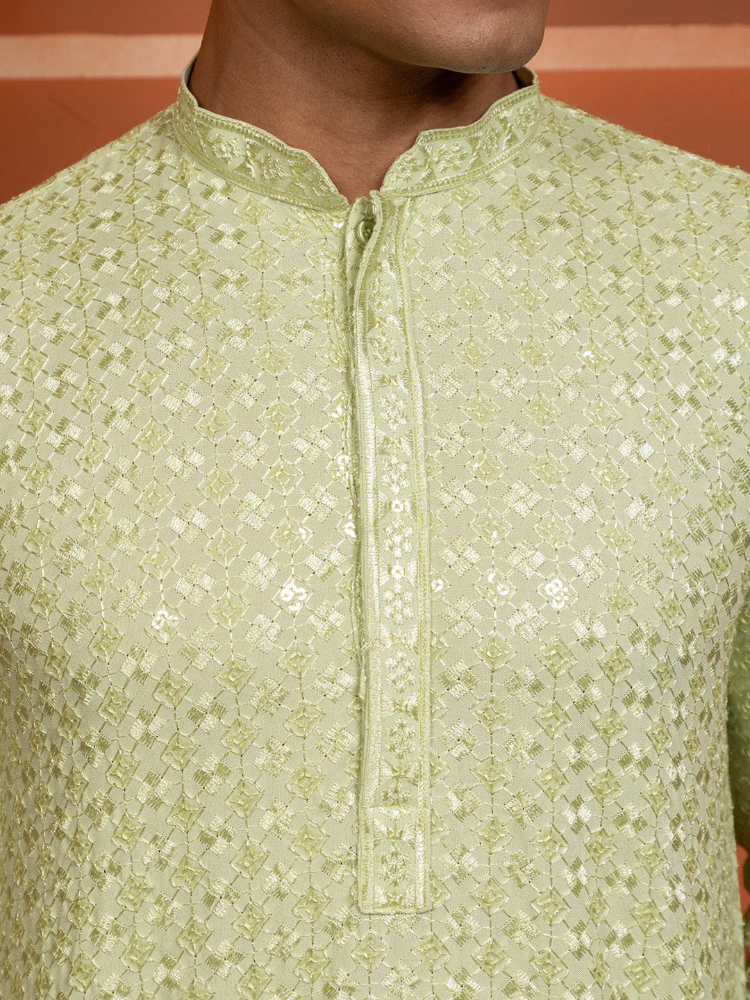 Mens Lime Green Sequins Work Viscose Rayon Kurta