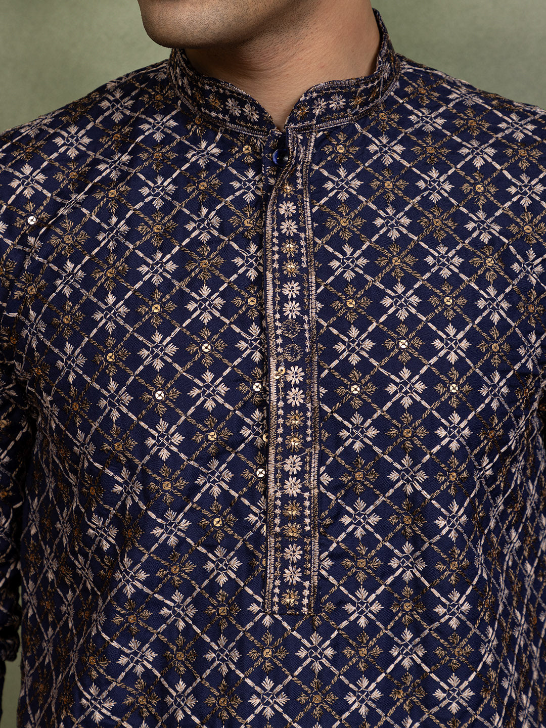 Mens Navy Blue Embellished Cotton Kurta
