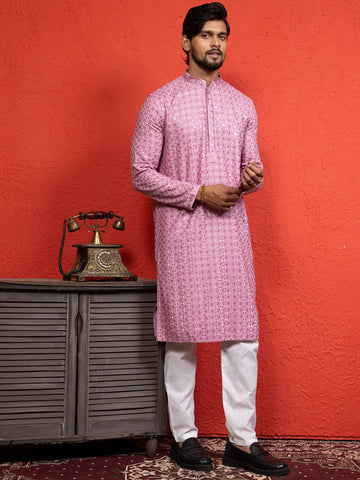 Mens Purple Sequins Work Viscose Rayon Kurta