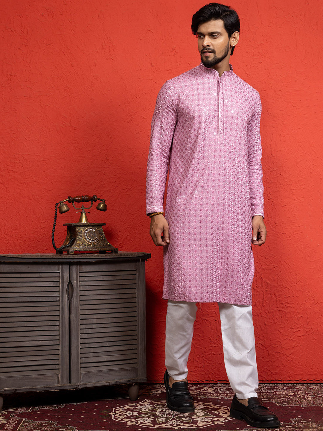 Mens Purple Sequins Work Viscose Rayon Kurta
