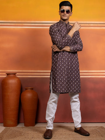 Mens Purple Embellished Cotton Kurta