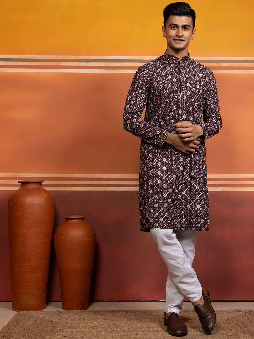 Mens Purple Embellished Cotton Kurta